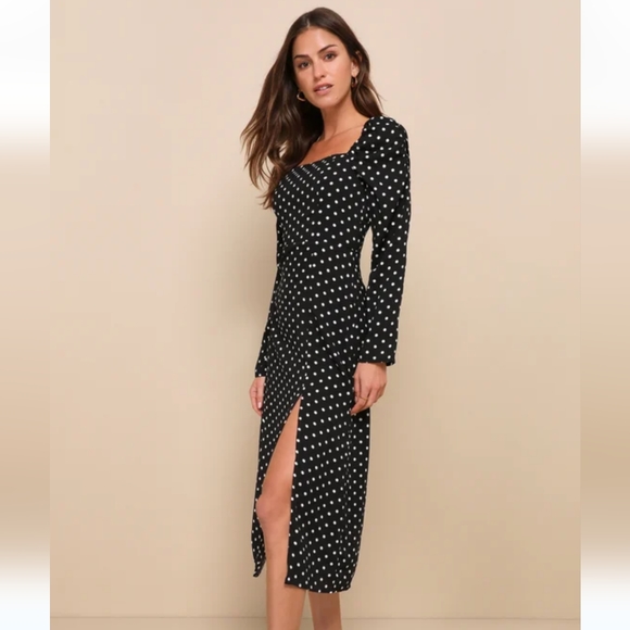 Lulu's Charmed and Classy Black Polka Dot Long Sleeve Midi Dress - Picture 2 of 3